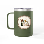 Camping Coffee Tumbler 15oz — Retro Badge "Adventure Awaits" Insulated Mug