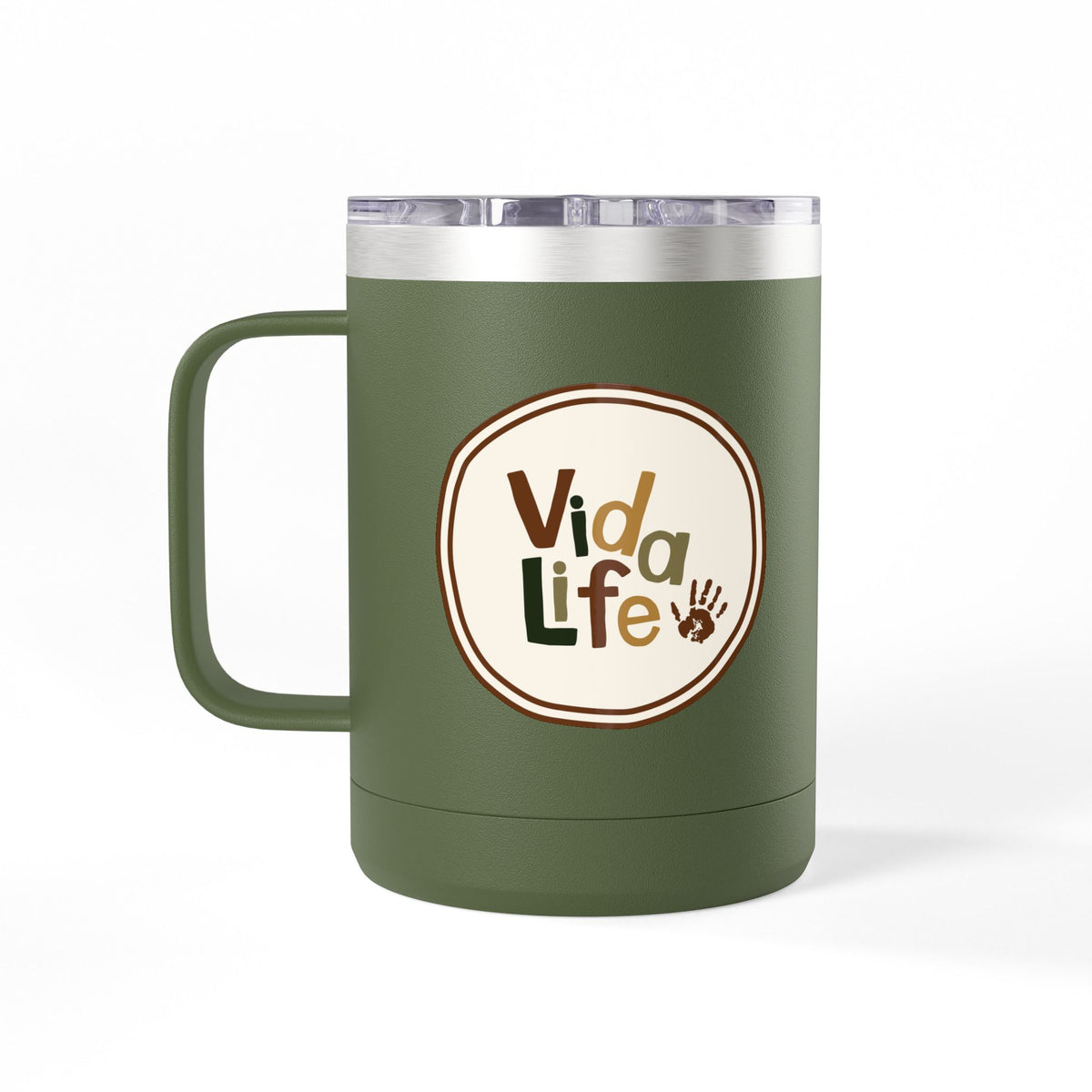 Camping Coffee Tumbler 15oz — Retro Badge "Adventure Awaits" Insulated Mug