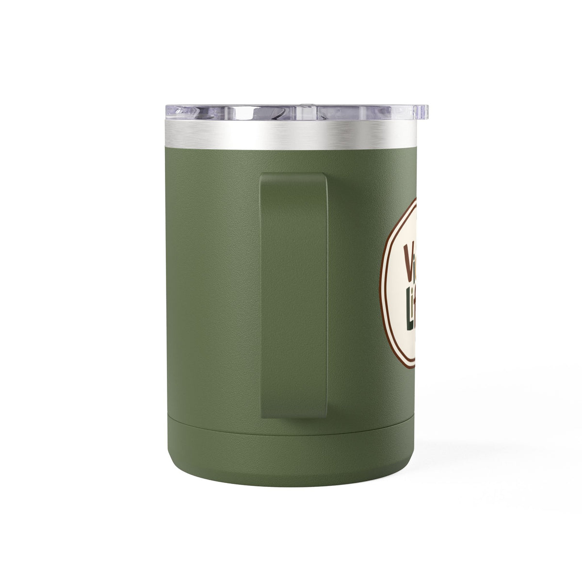 Camping Coffee Tumbler 15oz — Retro Badge "Adventure Awaits" Insulated Mug