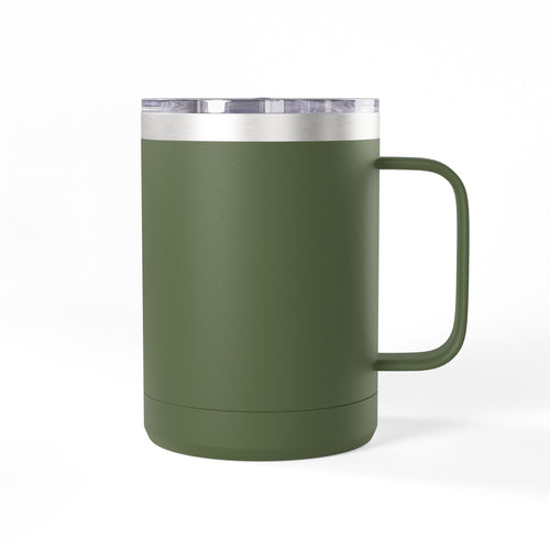 Camping Coffee Tumbler 15oz — Retro Badge "Adventure Awaits" Insulated Mug