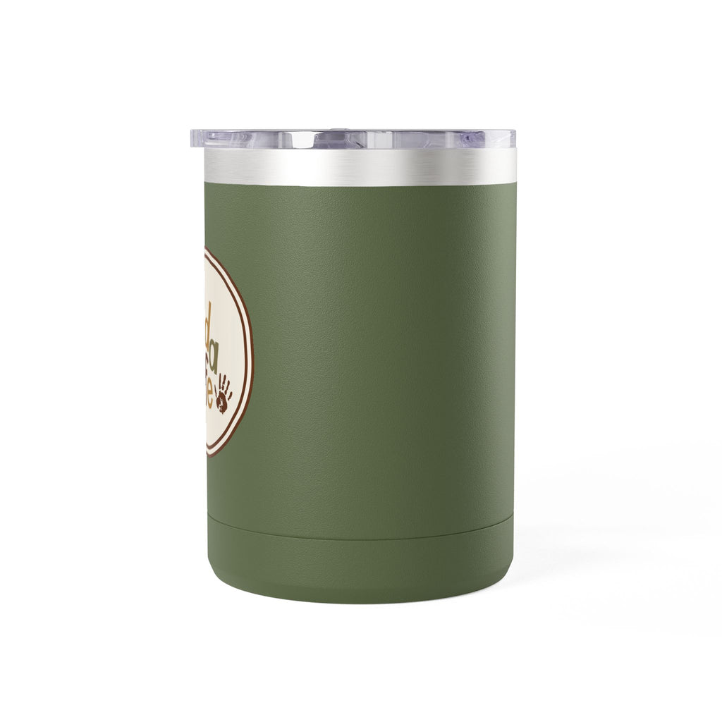 Camping Coffee Tumbler 15oz — Retro Badge "Adventure Awaits" Insulated Mug